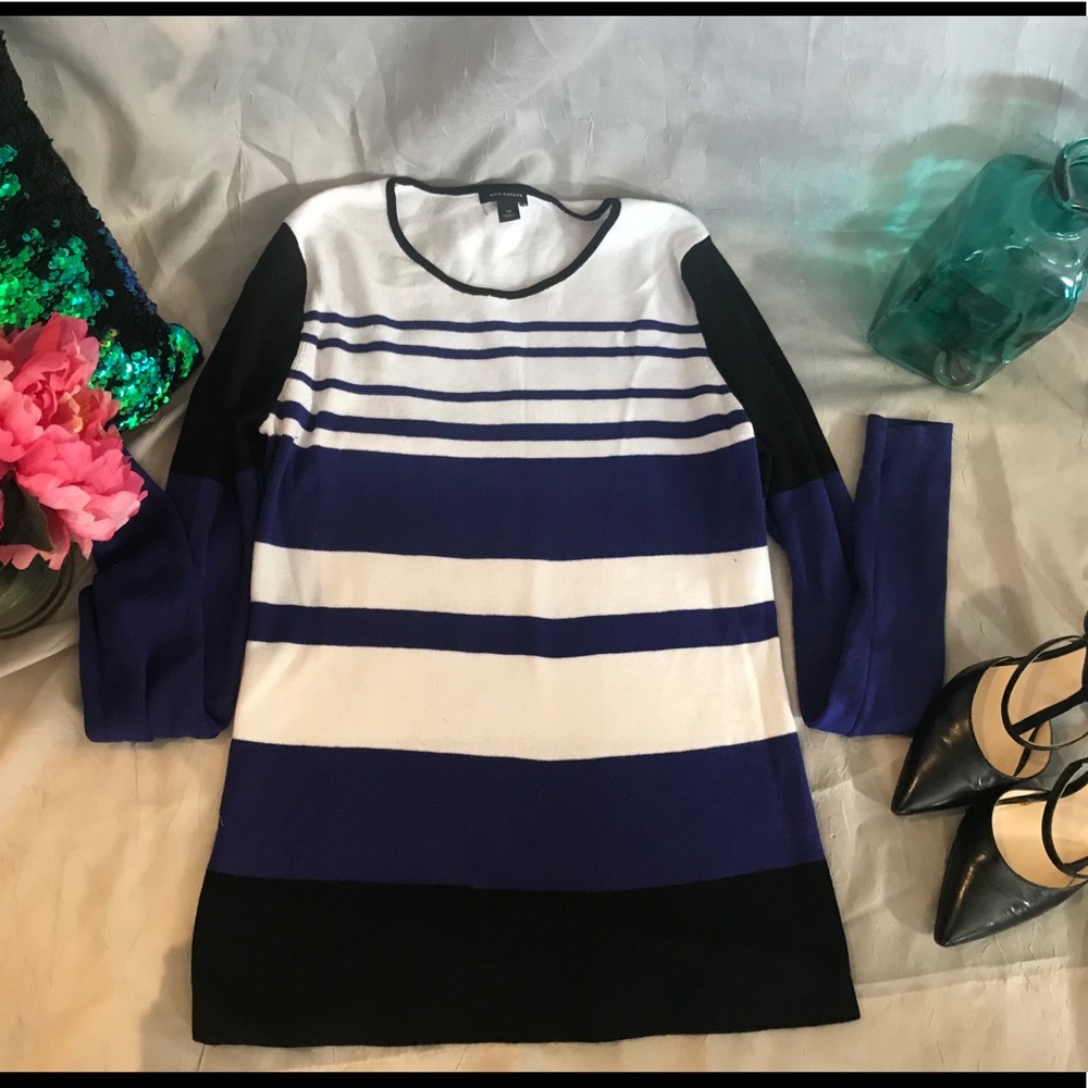 Ann Taylor black white and blue striped sweater